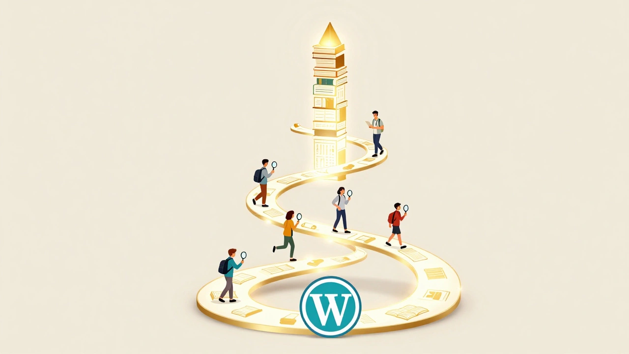 A glowing path of books leads from Wikipedia to scholarly journals, with students following.