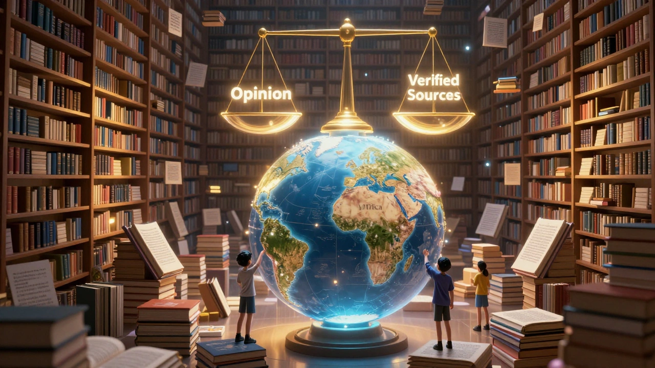 A glowing Wikipedia globe being built by students with citations floating around like books in a digital library.