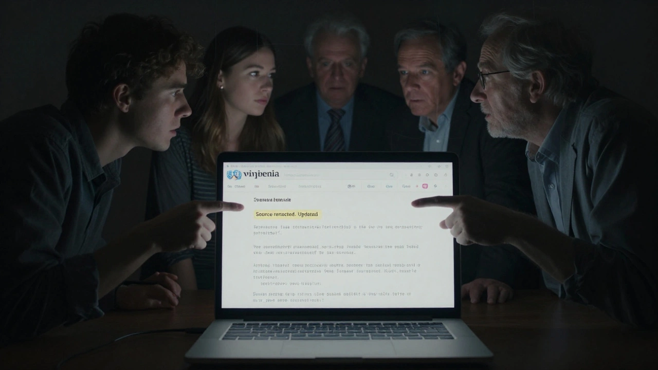 A glowing Wikipedia talk page with translucent editor figures whispering around it.