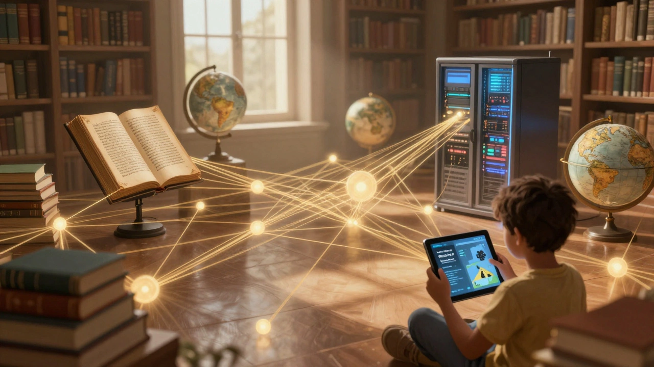 A golden web of interconnected facts linking books, globes, and tablets in a library, symbolizing global knowledge sharing.