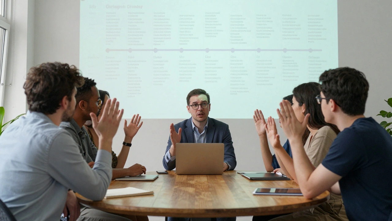 A group of people in intense debate around a table, with a projected timeline of conflicting Wikipedia edits behind them.