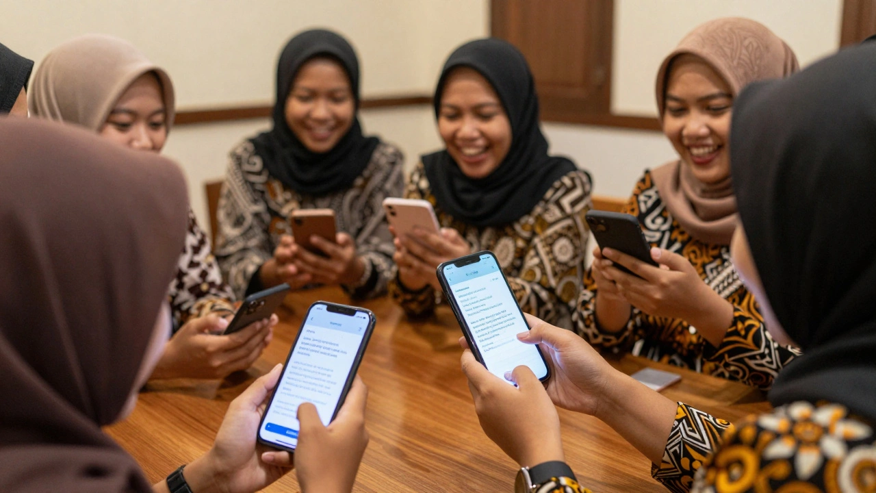 A group of women learning to edit Wikipedia on smartphones in Jakarta, Indonesia.