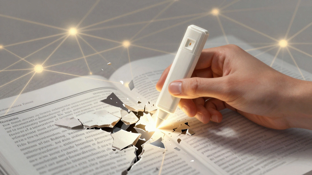 A hand adding a single citation to a Wikipedia page, with glowing links forming a web of trust.