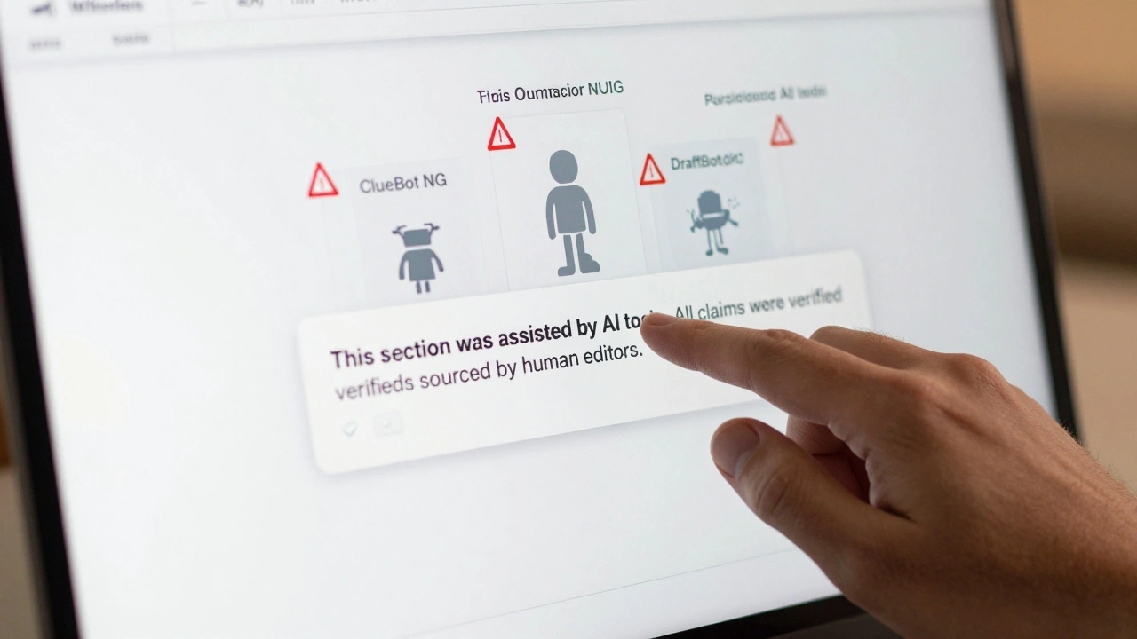 A hand adding an AI disclosure note to a Wikipedia edit, with automated bots monitoring the screen.