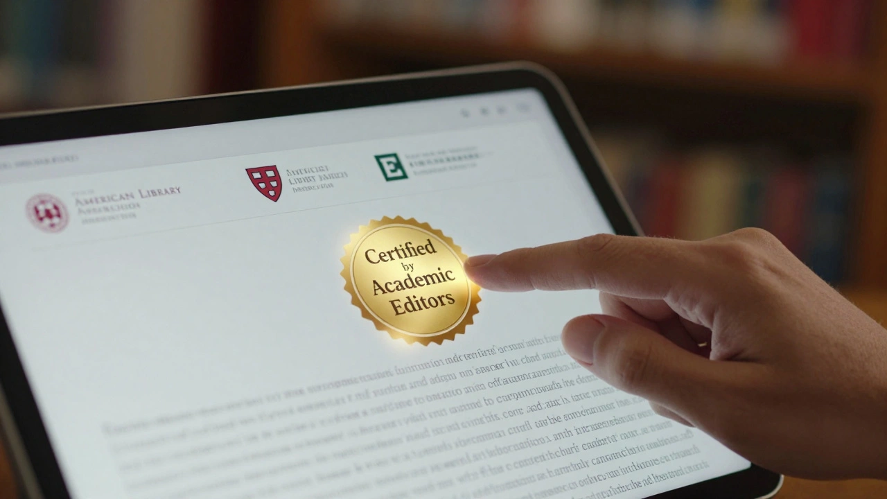A hand hovering over a tablet with a certified editorial badge glowing prominently on screen.
