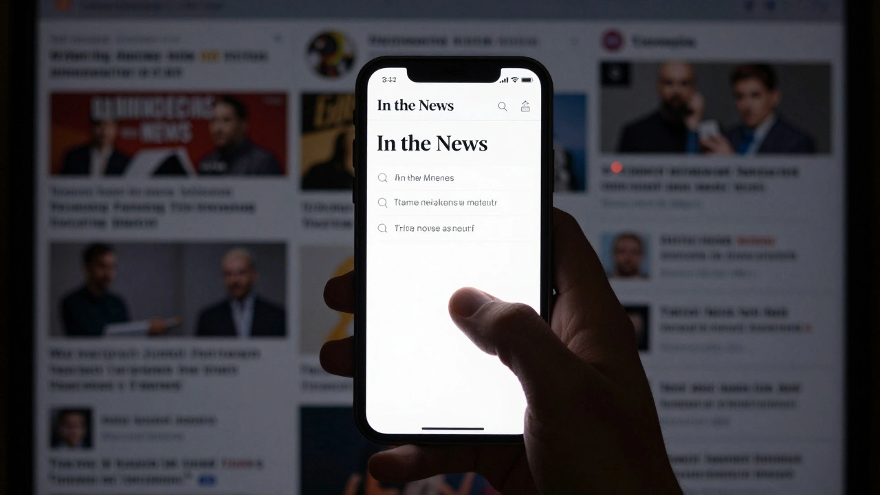 A hand hovering over a Wikipedia news box while chaotic social media headlines blur in the background.