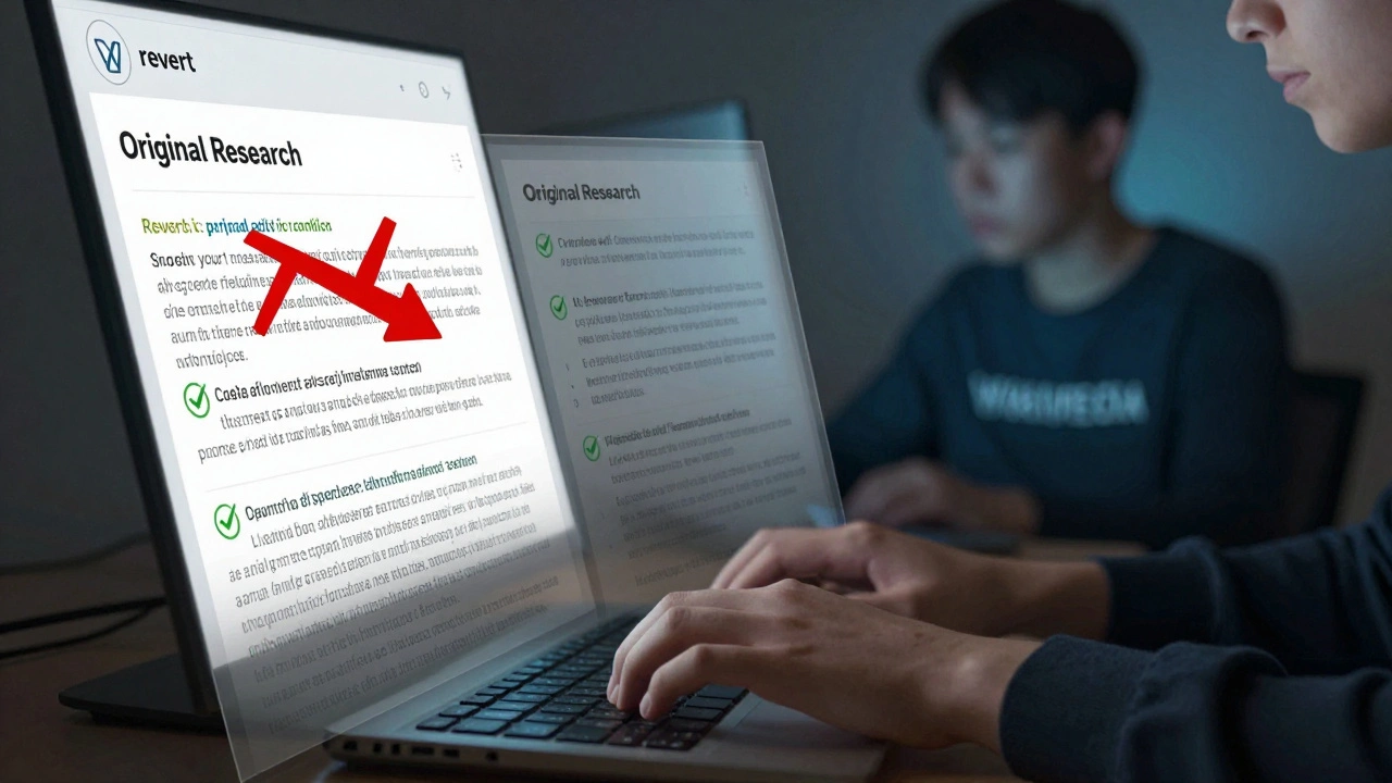 A hand typing on a keyboard with transparent overlays showing correct and rejected Wikipedia edits.