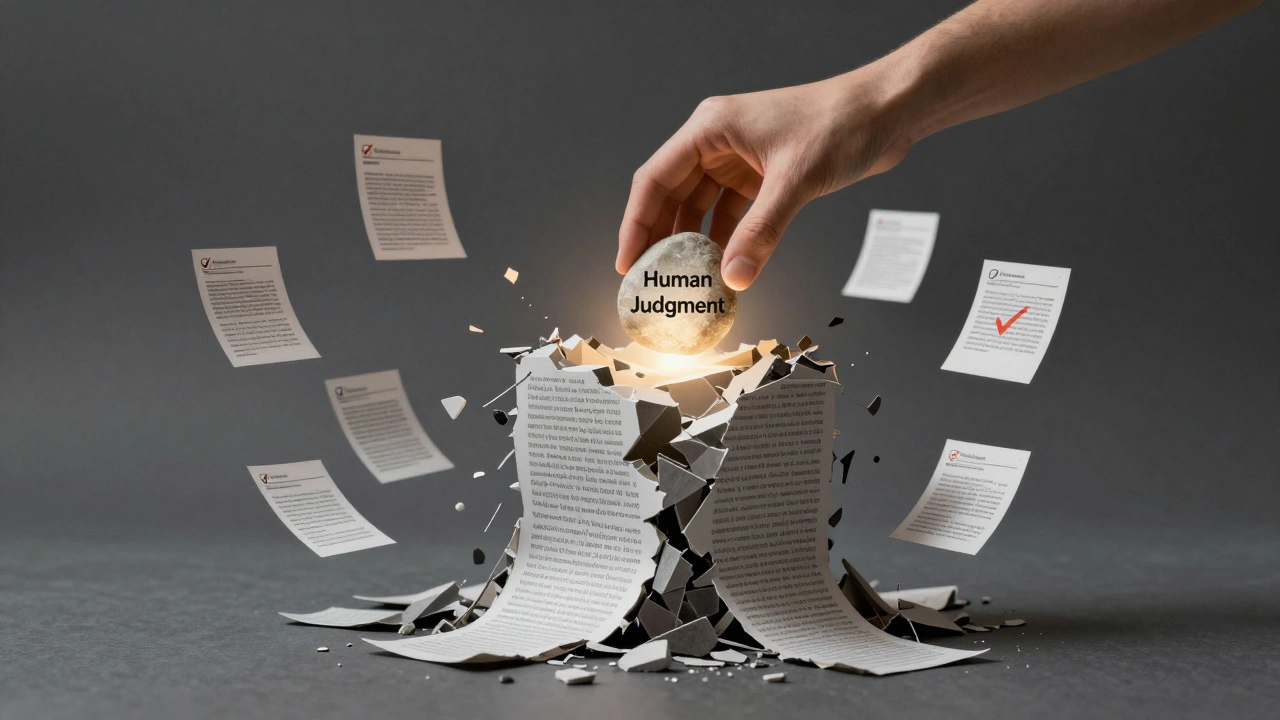 A human hand placing judgment above crumbling AI-generated text, representing the defense of curated truth.