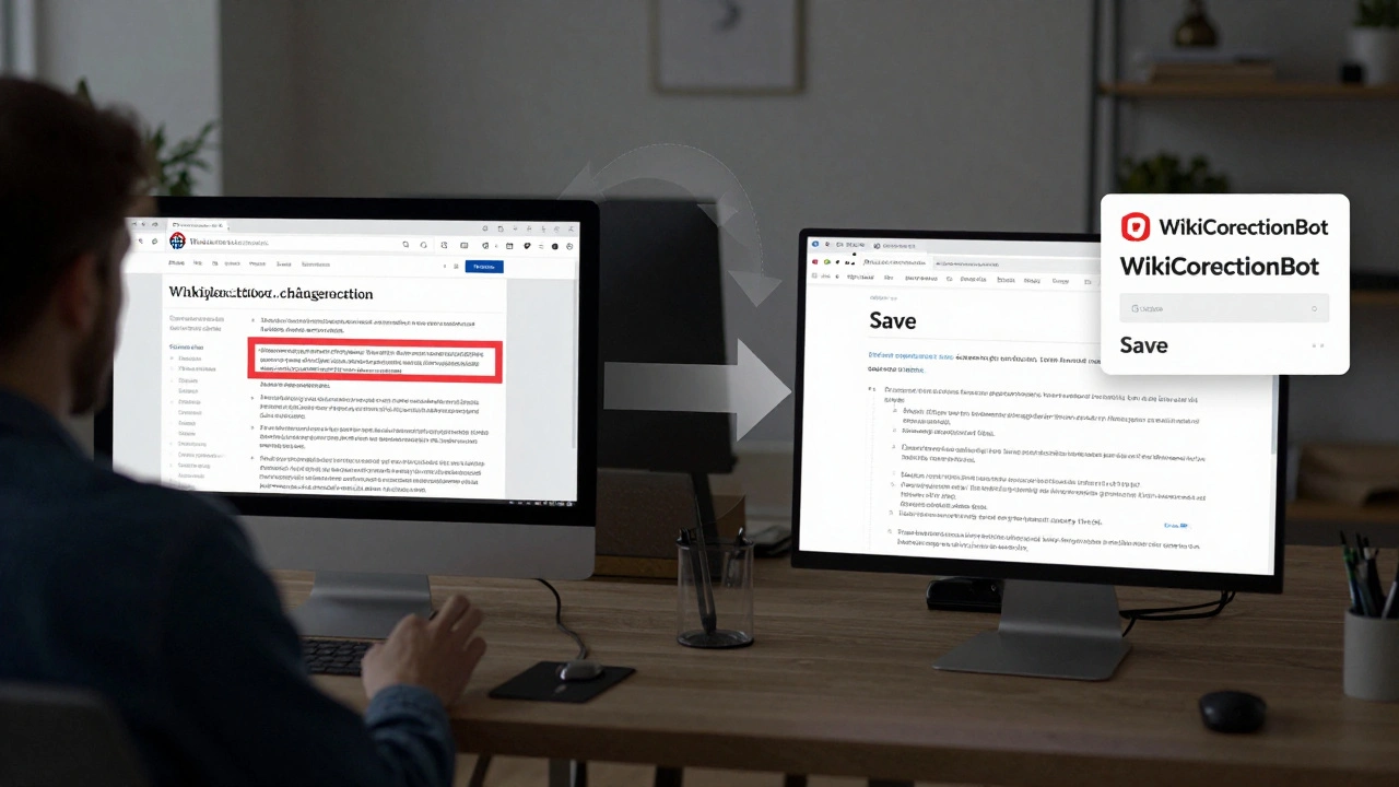 A journalist correcting a news article while a Wikipedia editor makes a related edit, with a bot alert visible.