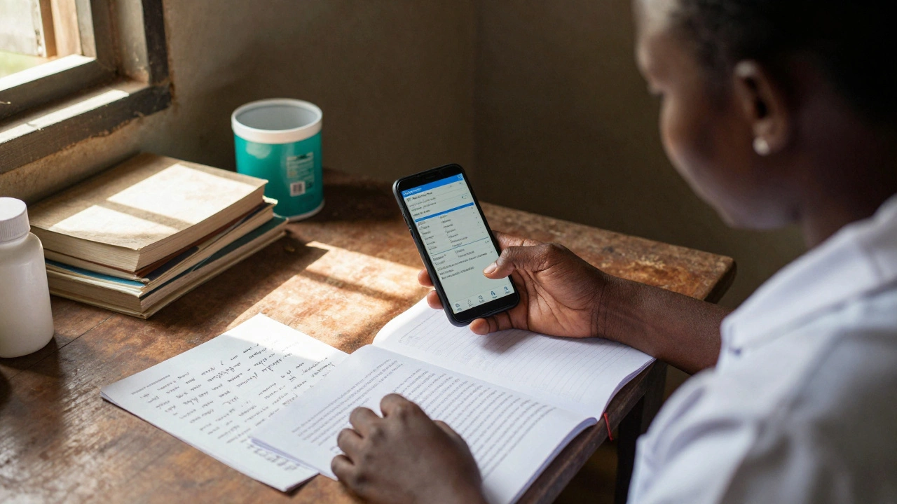 A Kenyan nurse shows a Wikipedia editor a medicine log on a smartphone in a rural clinic, with handwritten notes and sunlight streaming through a window.