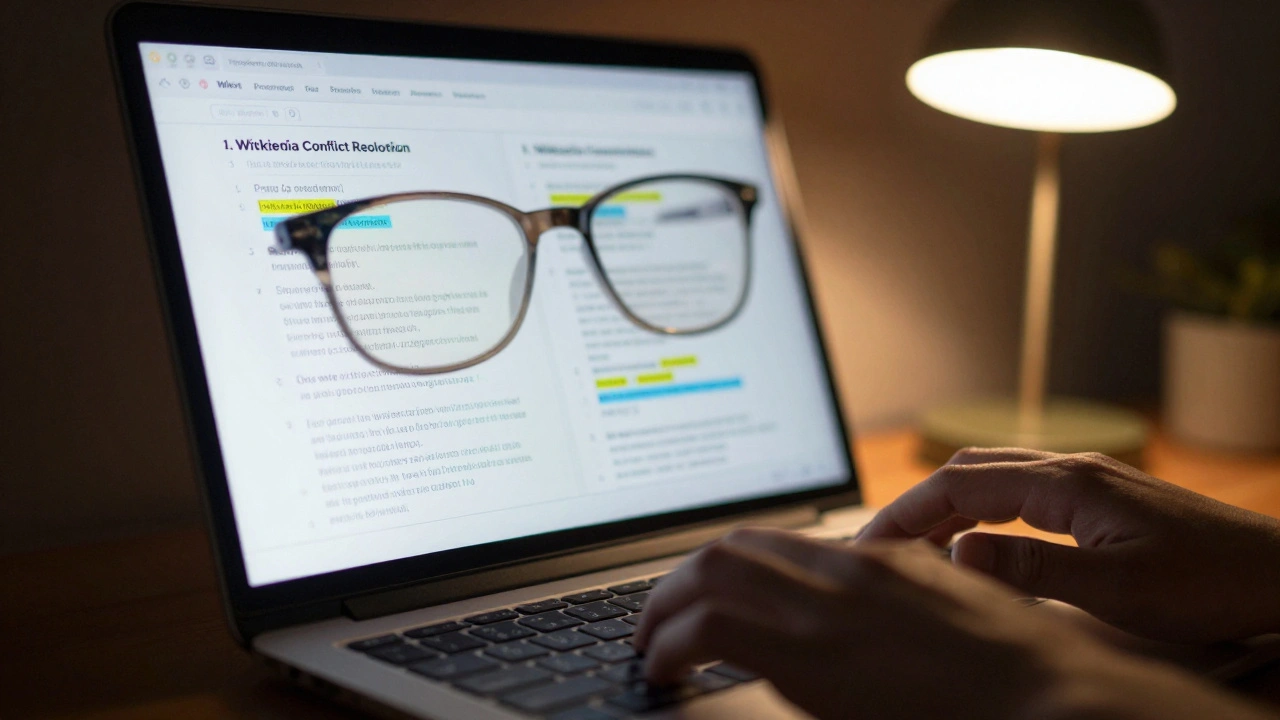A person's hand paused at a keyboard, with a Wikipedia edit conflict screen reflected in their glasses.