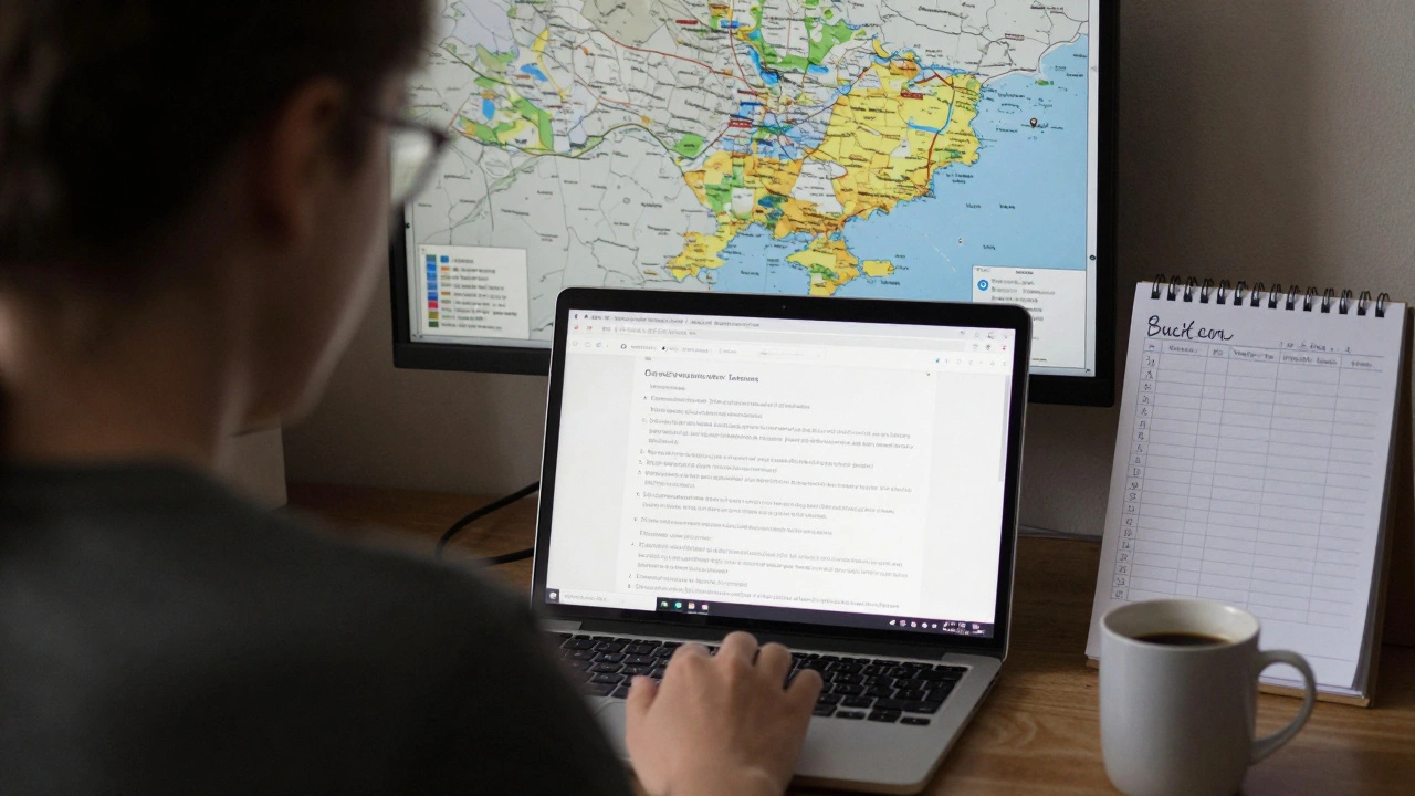 A person editing Wikipedia articles in a quiet rural home with translated content on screen.