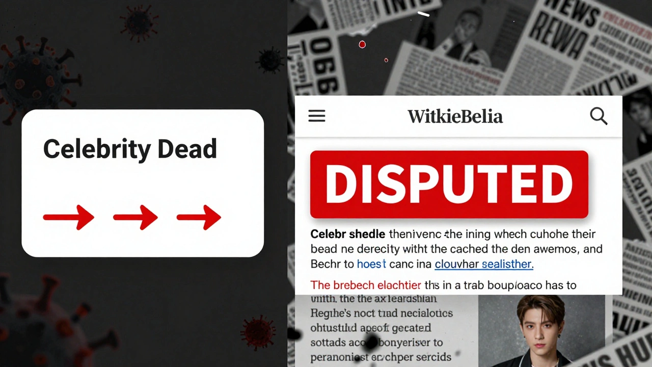 A social media post with false news fading as a Wikipedia page displays a corrected fact with sources.