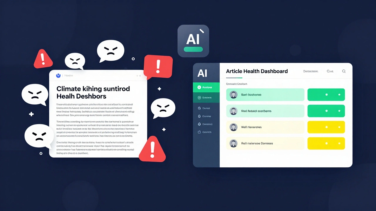 A split-screen view of chaotic Wikipedia edit wars versus a calm Article Health Dashboard.