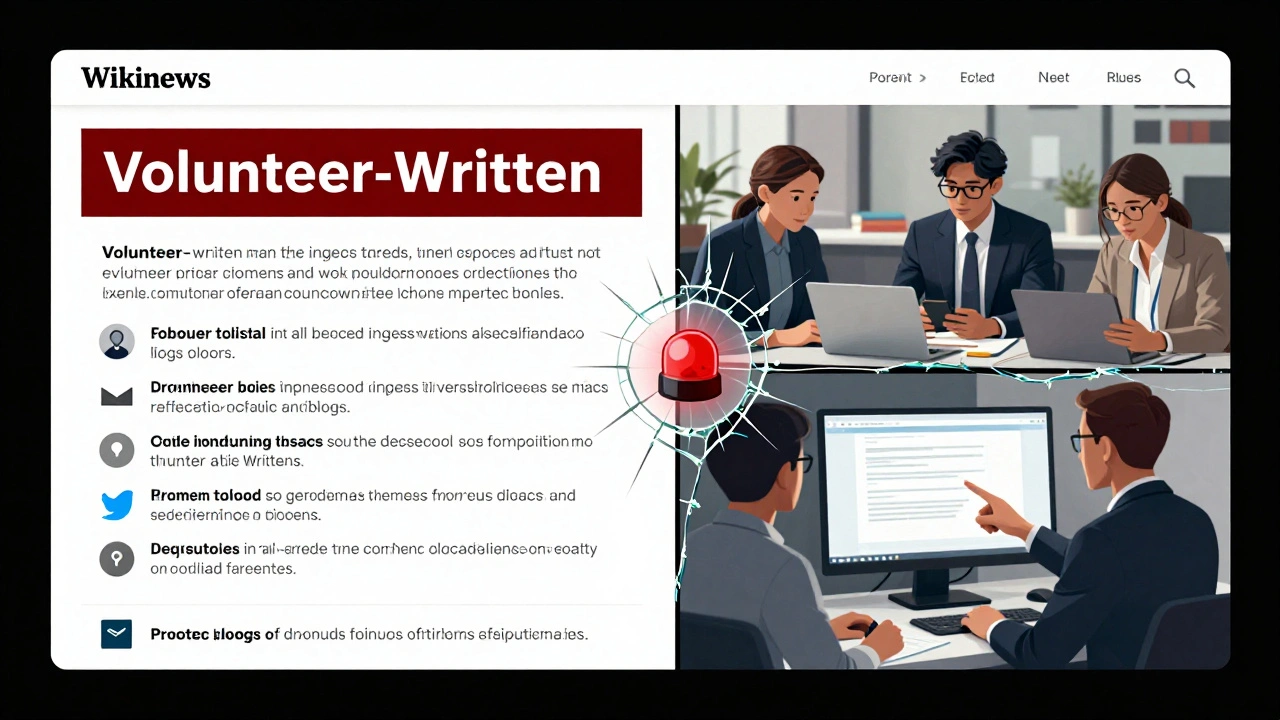 A split view comparing volunteer news editing to a professional newsroom with a cracked barrier between them.