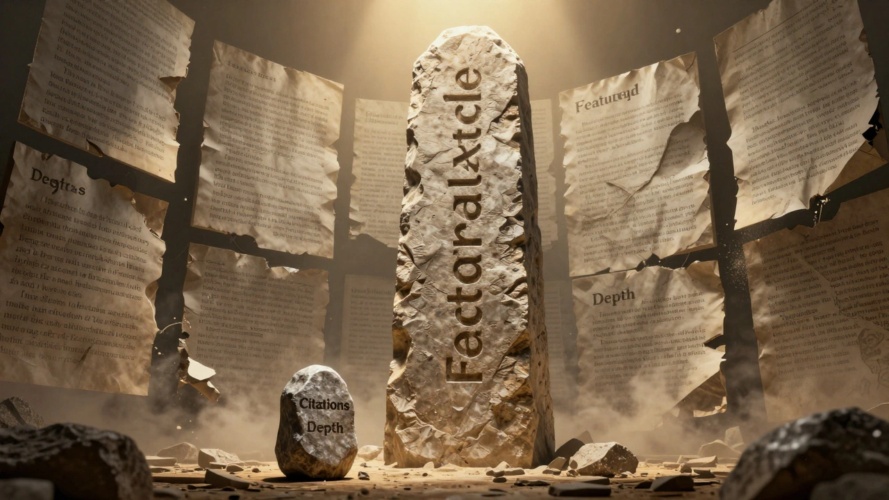 A stone monument labeled 'Featured Article' rising above crumbling drafts, illuminated by golden light.