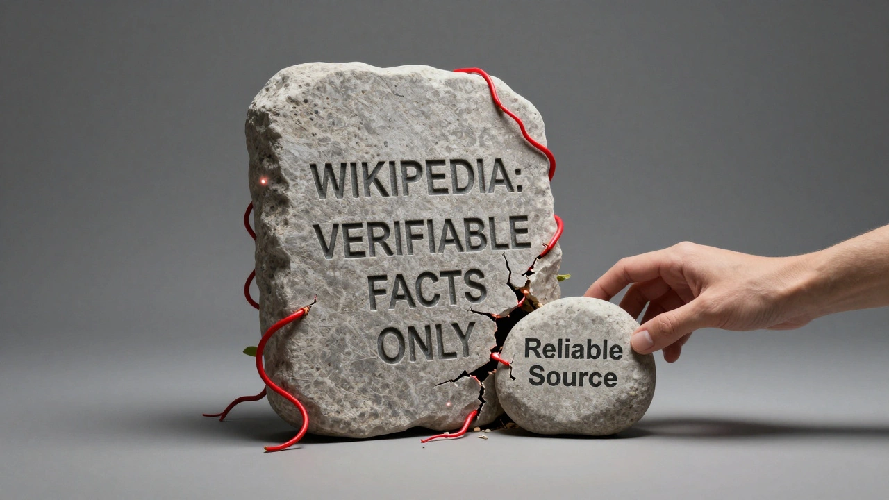 A stone tablet of Wikipedia facts resists invading social media vines, restored by a reliable source.