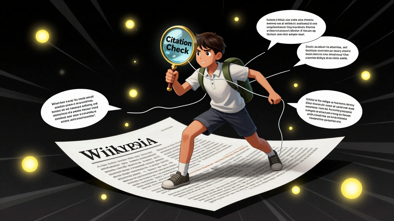 A student hero using a magnifying glass to trace Wikipedia citations to academic sources in comic book style.
