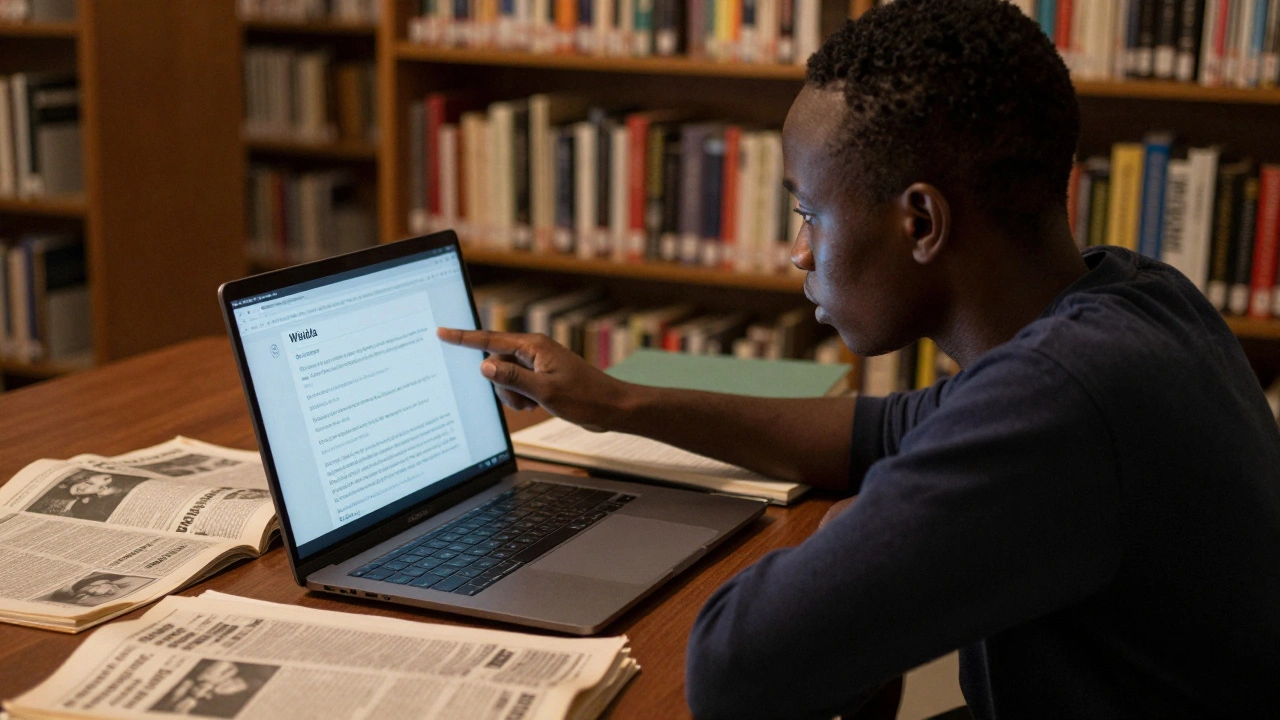 A student in a library adding a birth date to Wikidata, surrounded by books and digitized newspapers.