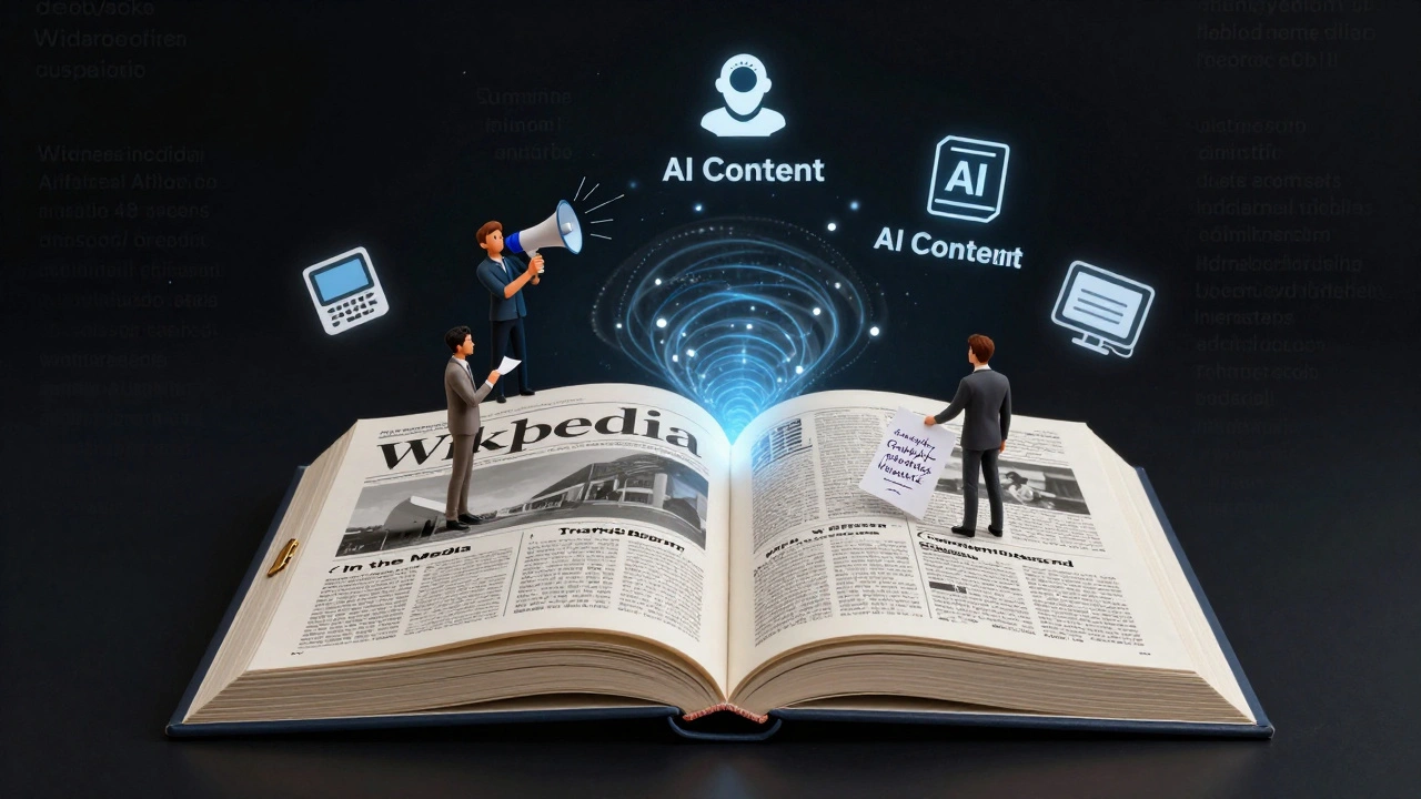 A surreal book of Wikipedia with transforming news sections, tiny editors, bots, and AI icons floating above it.