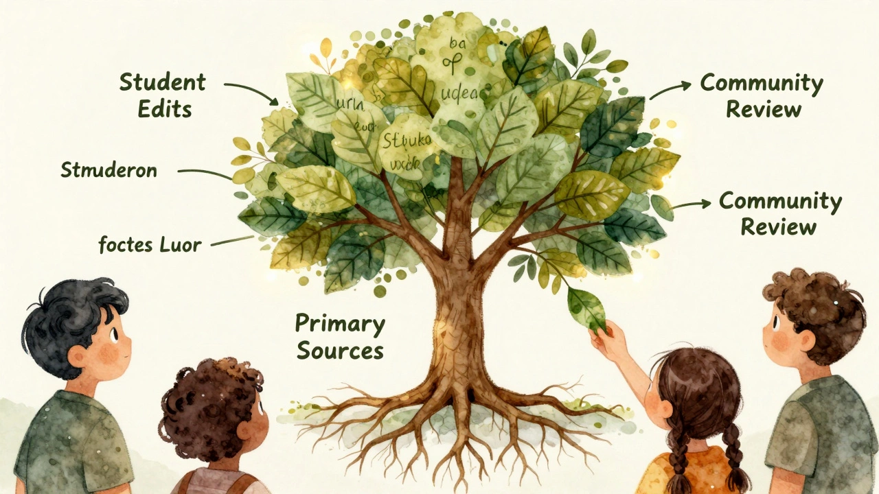 A symbolic tree of knowledge with multilingual leaves, a child adding a new leaf as others watch.