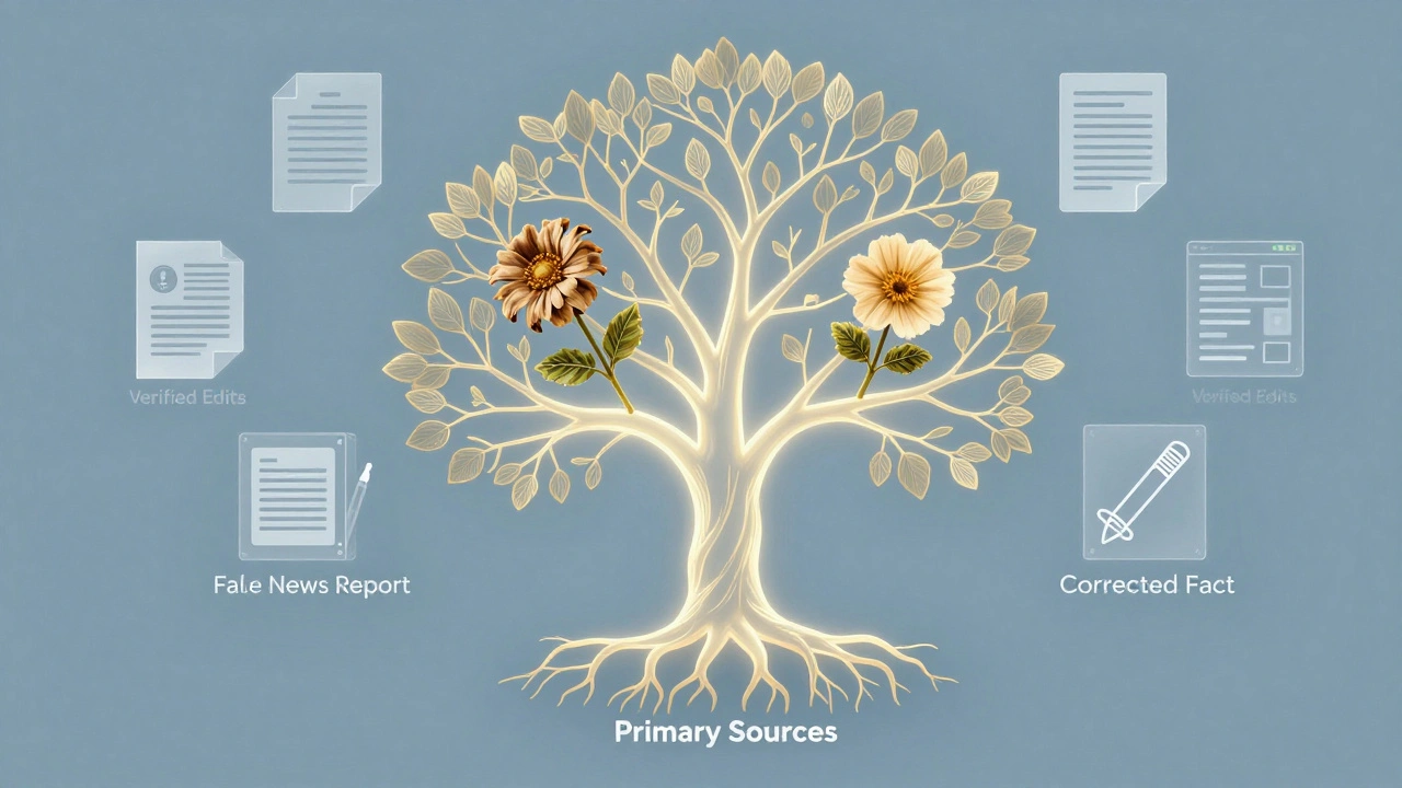 A symbolic tree showing false information being replaced by verified facts through primary sources.