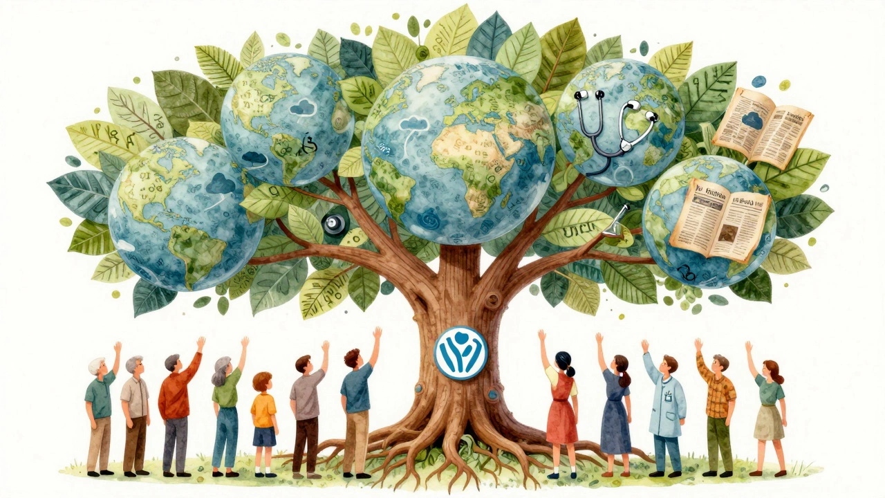 A symbolic tree with roots as globes and branches representing six WikiProjects, with diverse people reaching up toward its leaves made of cultural symbols.