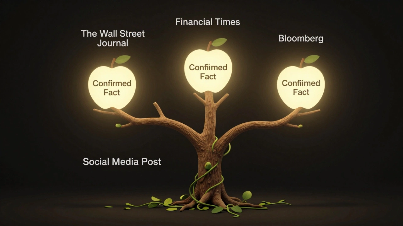 A symbolic tree with verified news sources as branches and social media as a withering vine.