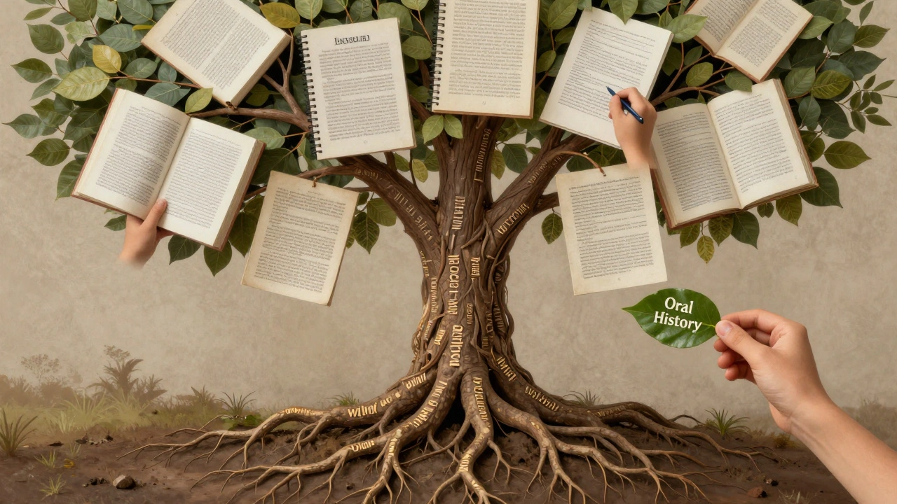 A symbolic tree with Wikipedia roots growing into academic sources, representing knowledge as a living network.