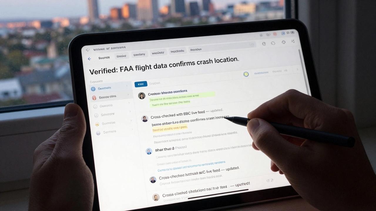 A tablet showing a Wikinews article with visible edits and verified sources under natural daylight.