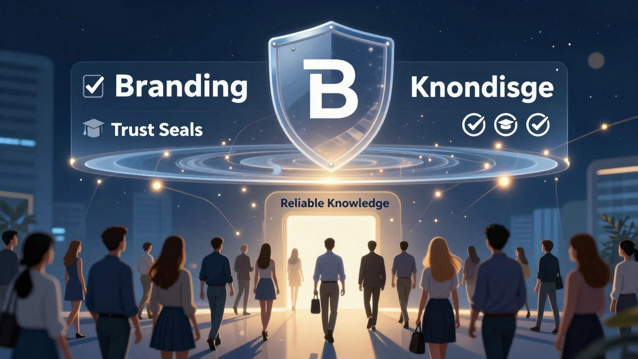 A transparent shield of branding layered over trust seals, guiding users toward reliable knowledge.