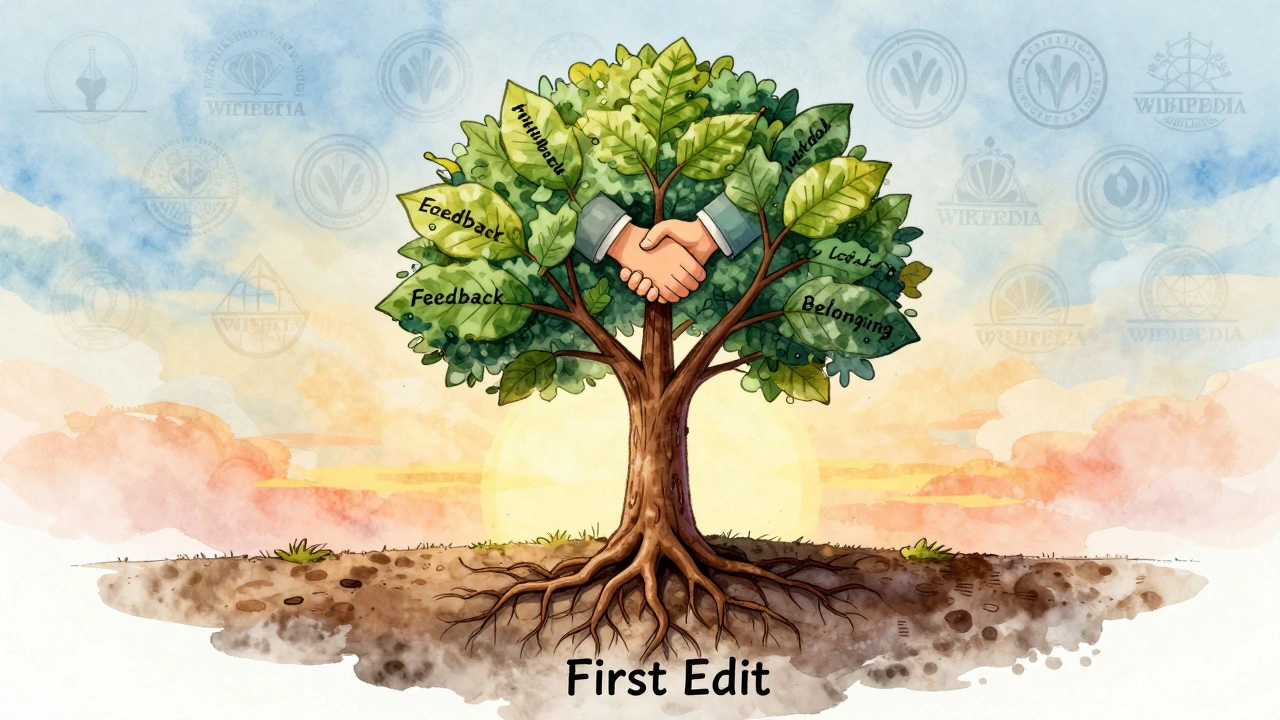 A tree grows from a first edit, rooted in human connection and nurtured by community support.