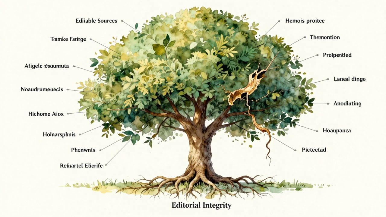 A tree with branches in multiple languages, symbolizing how news corrections spread across Wikipedia's global network.
