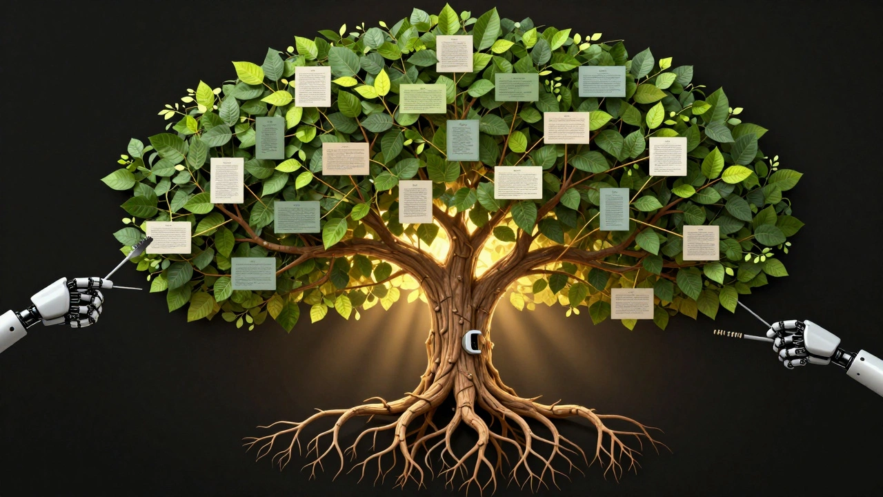 A tree with citation roots and edit-history branches, symbolizing self-correcting knowledge.