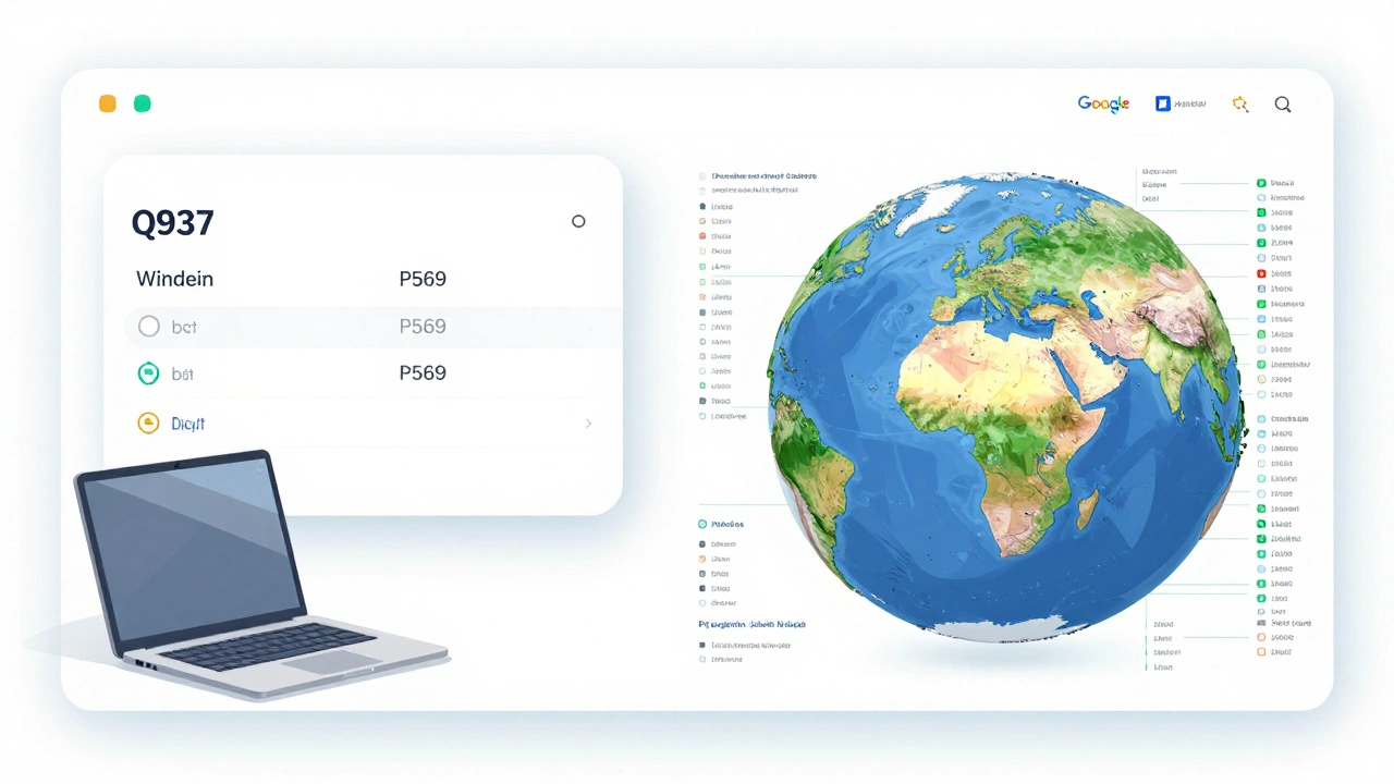 A volunteer editing Wikidata on a laptop while a live map displays Nobel laureate locations powered by external APIs.