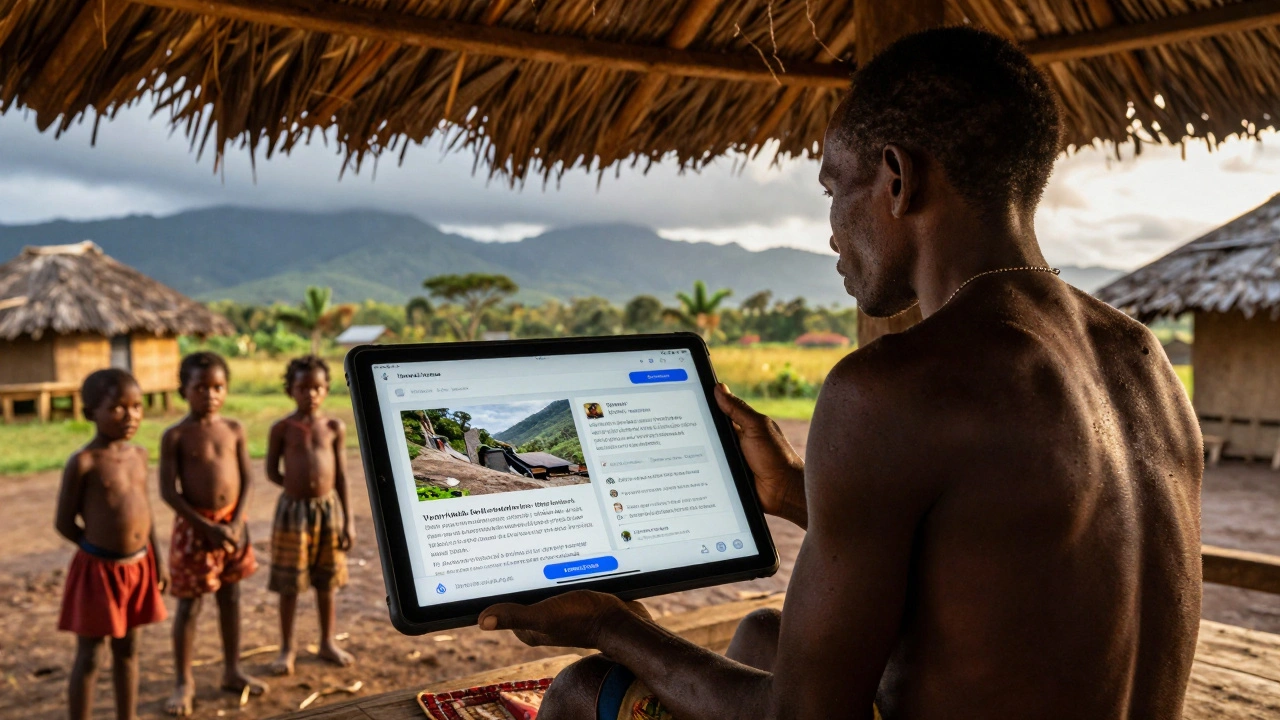 A volunteer in Papua New Guinea translating a landslide article on a tablet, with children watching in the golden afternoon light.
