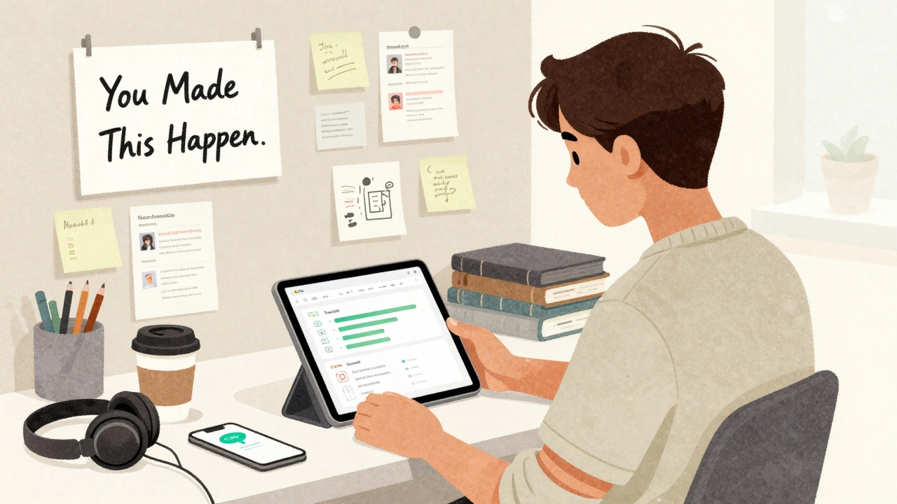 A volunteer working at a desk with a Notion dashboard, sticky notes, and a phone showing a Slack message.