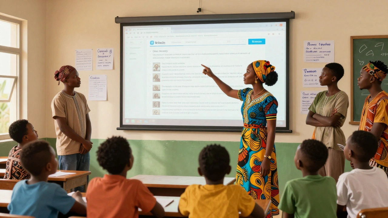 A woman teaches rural educators in Nigeria how to add local history to Wikipedia in a sunlit classroom.