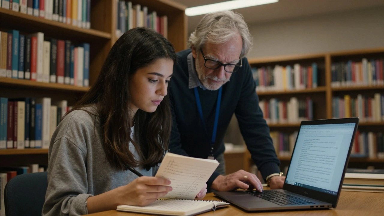 A young editor learning from an experienced volunteer at a library laptop, surrounded by books and talk pages.