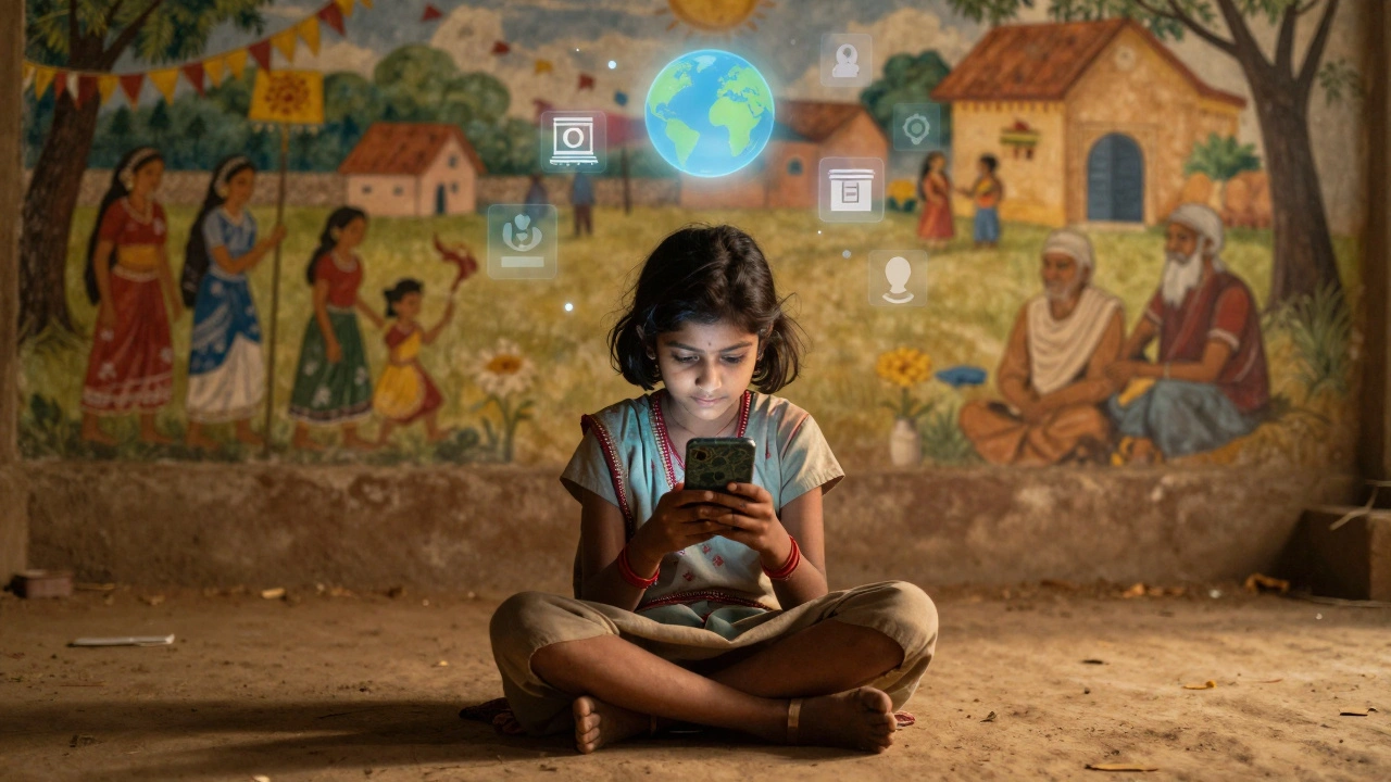 A young girl in rural India editing a Wikipedia page about her village festival, illuminated by her smartphone screen.