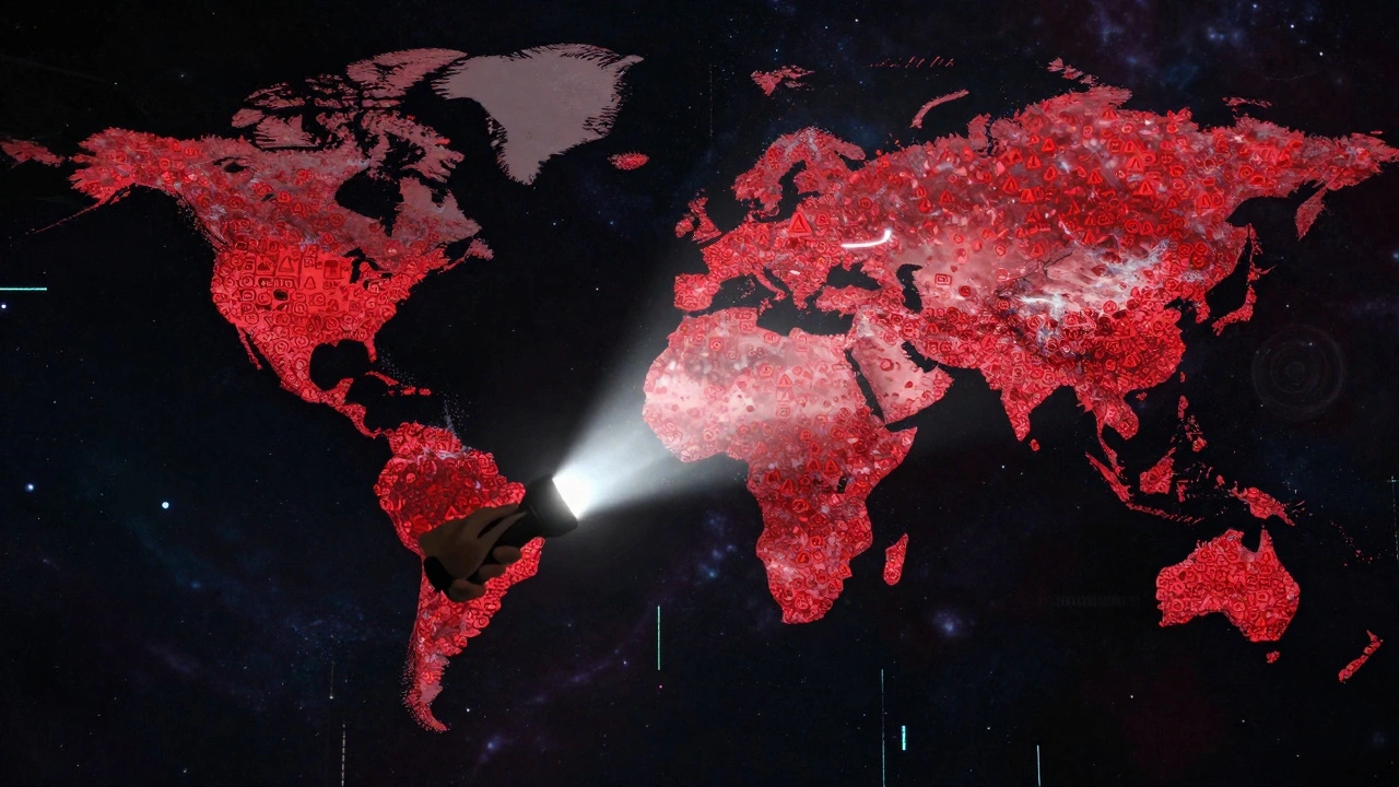 Abstract digital globe overwhelmed by red warning icons, illuminated by a single flashlight beam representing Huggle's filtering power.