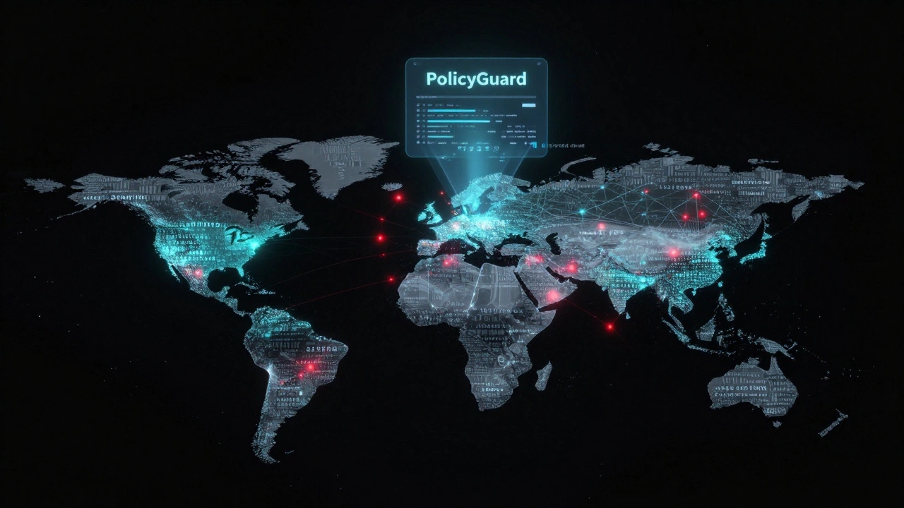 Abstract network of trusted sources connected by light, with red unverified claims fading under AI scanning beams.