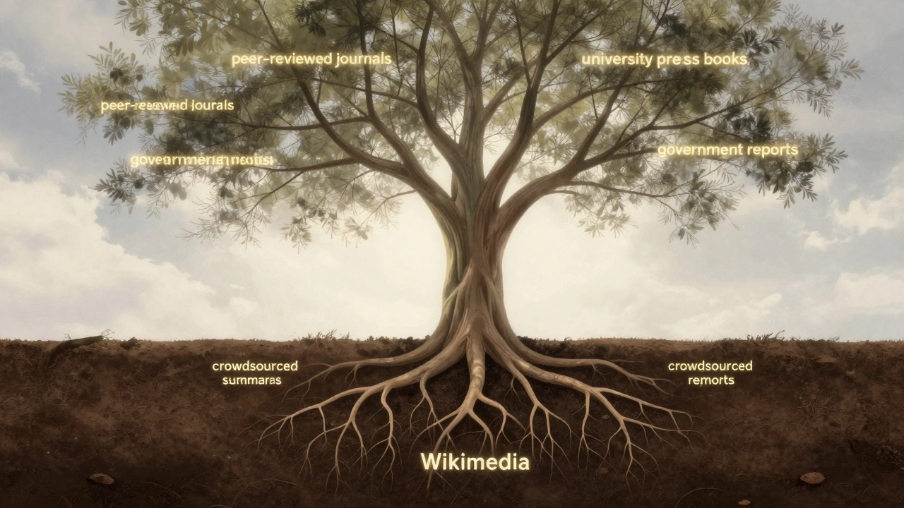 Abstract tree with Wikipedia roots and scholarly sources growing as branches.