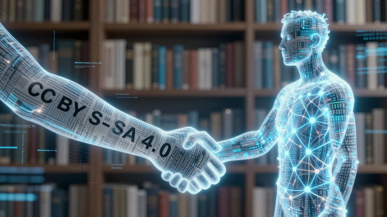 An abstract handshake between text and AI, symbolizing Wikipedia’s licensing in the age of artificial intelligence.