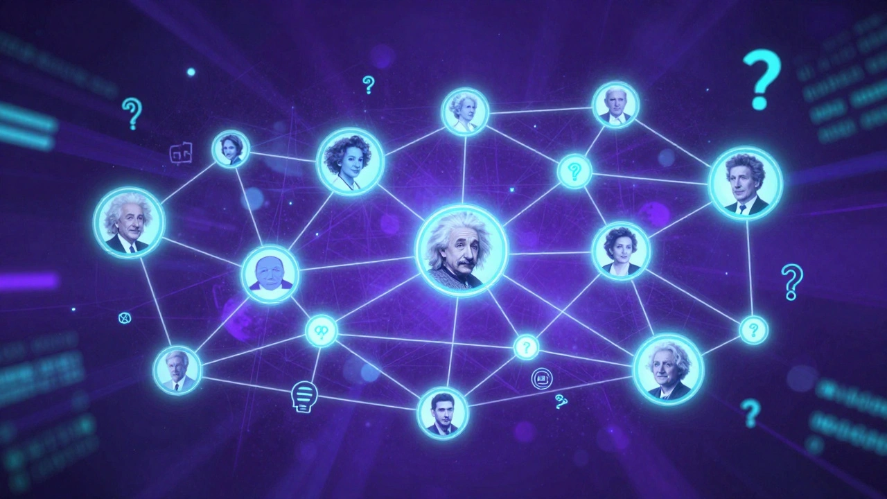 An abstract network of linked facts and entities in neon colors, representing Wikipedia and Wikidata connections.