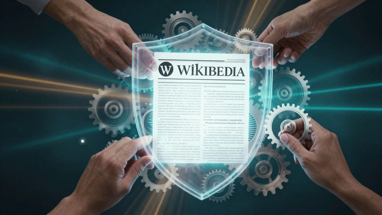 An abstract shield of filters and human hands protecting a central news article from misinformation.