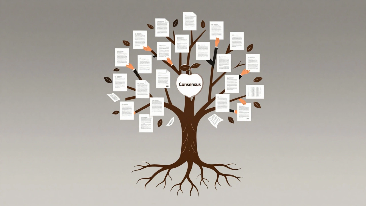 An abstract tree with policy roots and citation leaves, symbolizing collaborative consensus.
