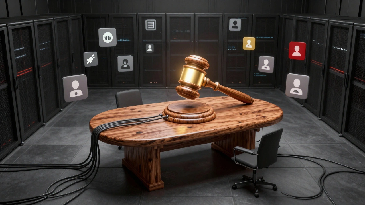 An ancient wooden arbitration table floats in a server room surrounded by digital icons of edit conflicts.