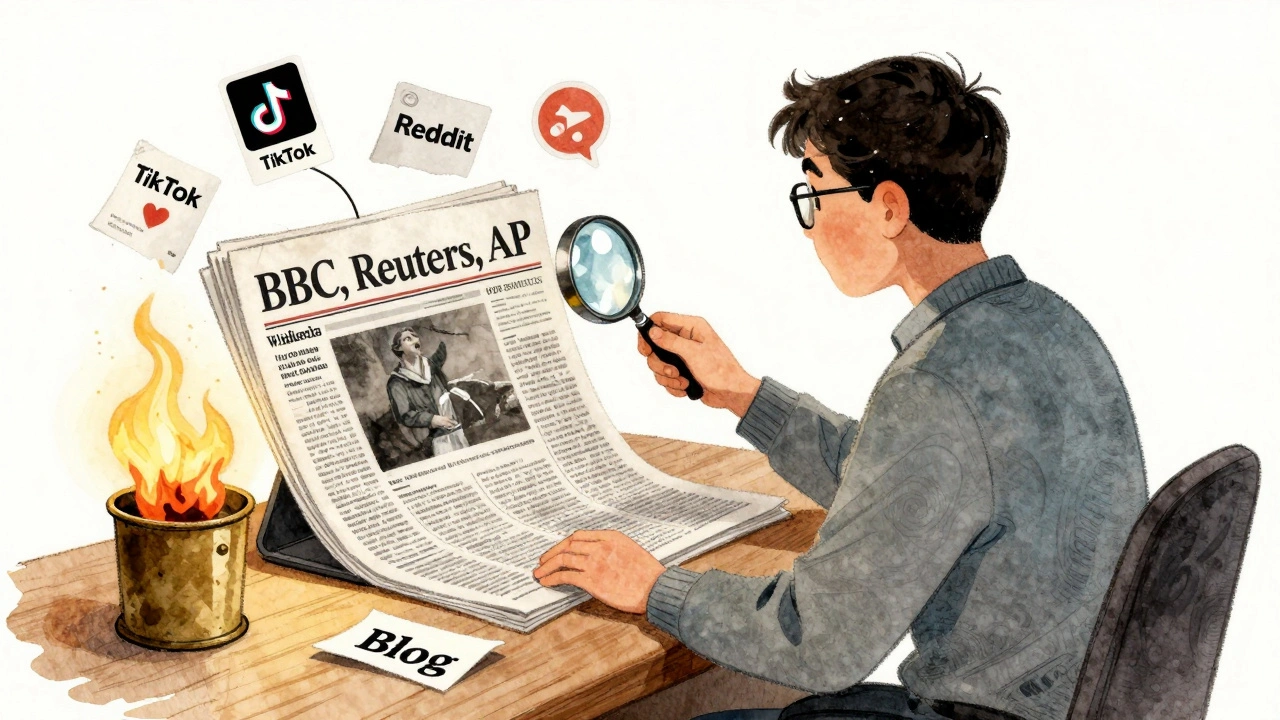 An editor examines reliable news sources while burning unverified social media posts.