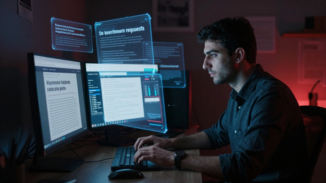 An editor surrounded by holographic government takedown requests, working under blue and red light.